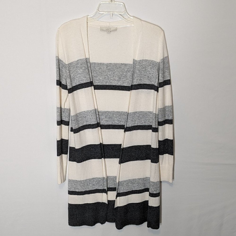 Women's "LOFT" Cream & Gray Striped, Lightweight, Long Open Cardigan; Size S